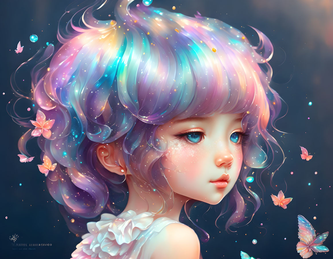 Colorful Hair Girl Surrounded by Butterflies and Dreamy Ambiance