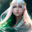 Fantasy-themed illustration of a woman with multicolored hair and ethereal accessories surrounded by mystical green