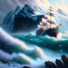 Sailing ship in stormy seas near snowy mountains under dramatic sky