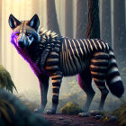 Fantastical creature with zebra stripes and hyena-like features in mystical forest