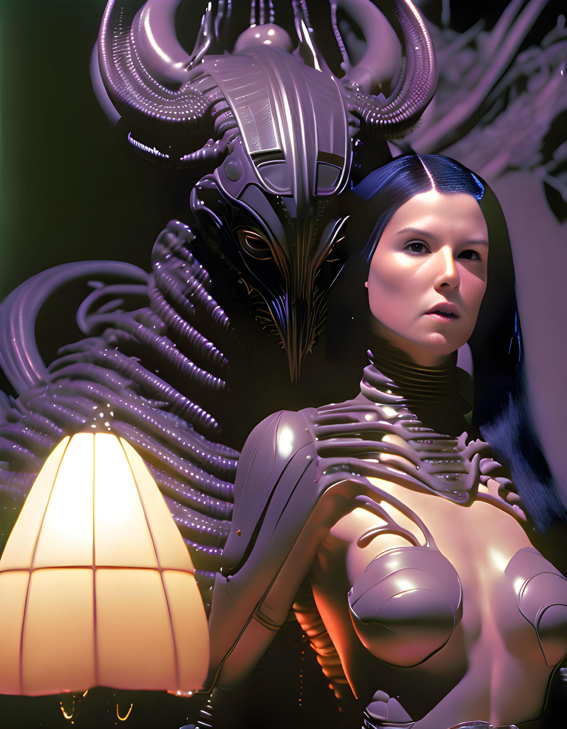 Futuristic female android with biomechanical design beside classic lamp
