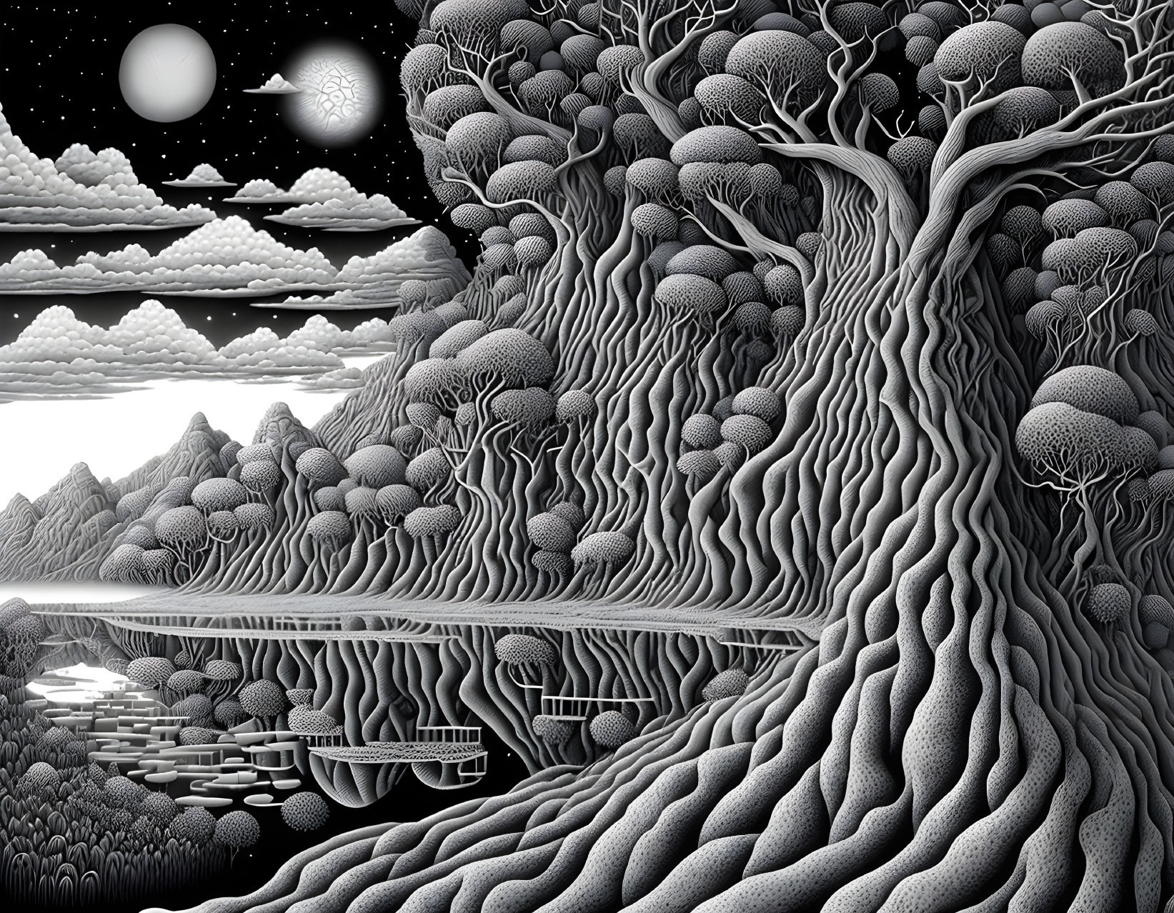 Monochromatic surreal landscape with large tree, undulating hills, floating islands, starry sky,