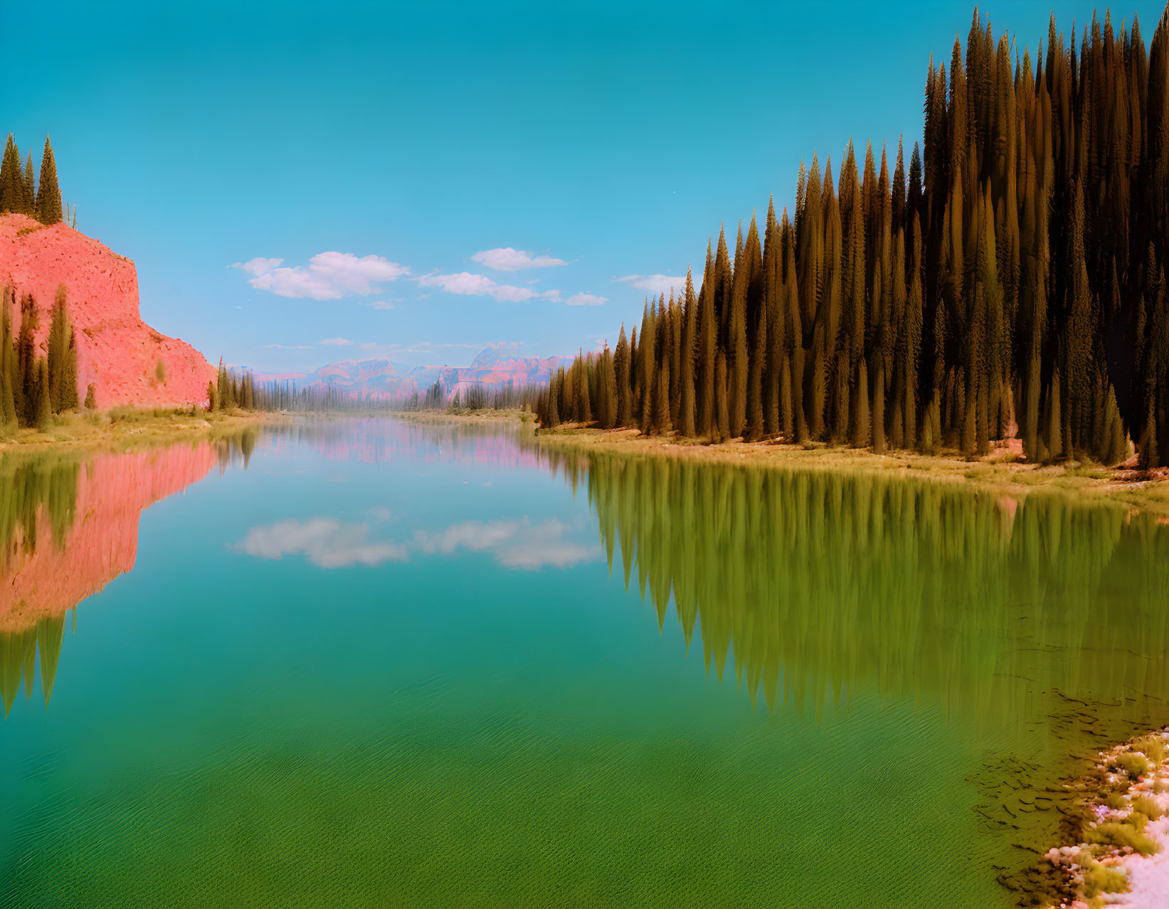 Tranquil lake with pine tree reflections and rugged cliff scenery