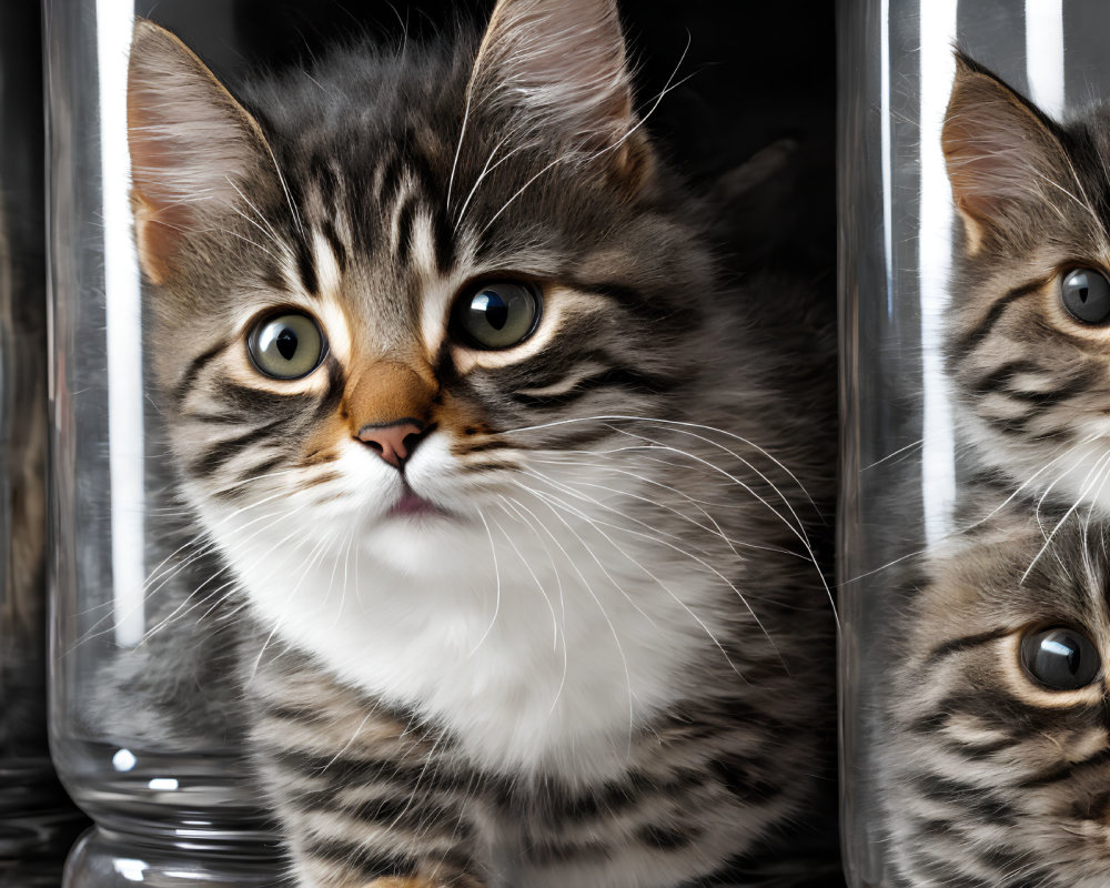 Fluffy tabby kitten with yellow eyes between reflective surfaces