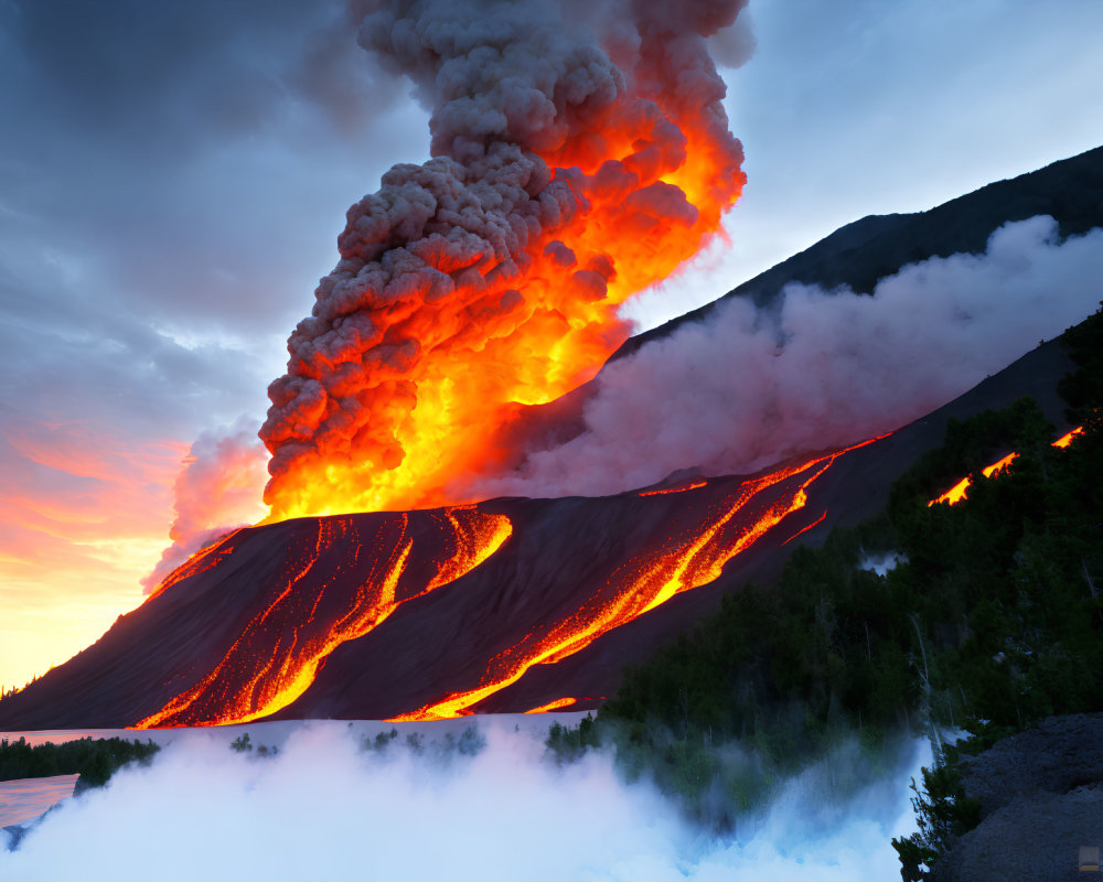 Dramatic volcanic eruption with glowing lava flows and fiery ash clouds