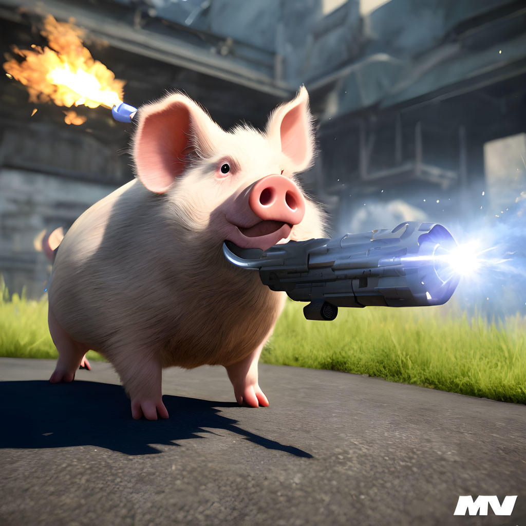 Determined cartoon pig with futuristic gun and molotov cocktail on road