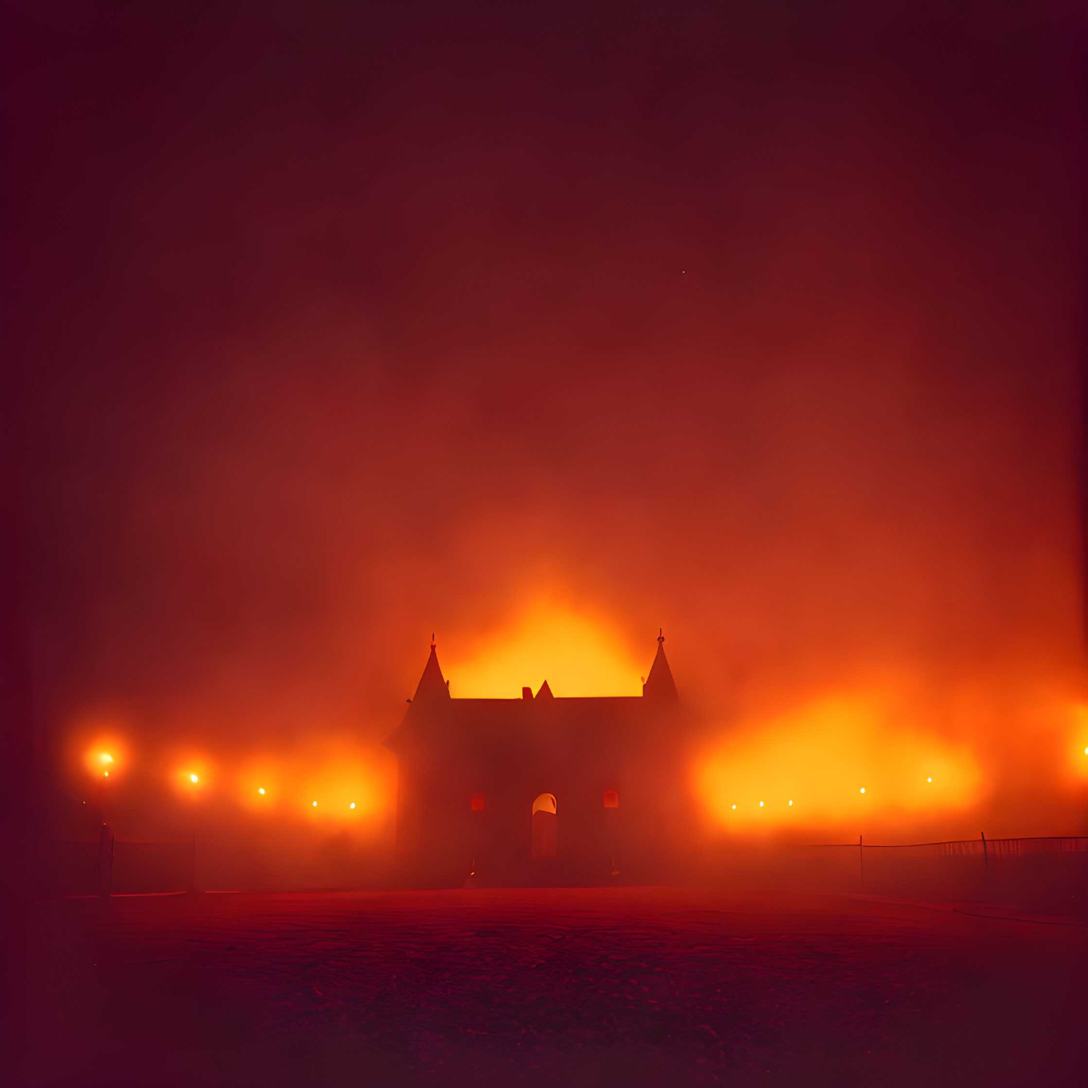 Misty red night scene with castle silhouette