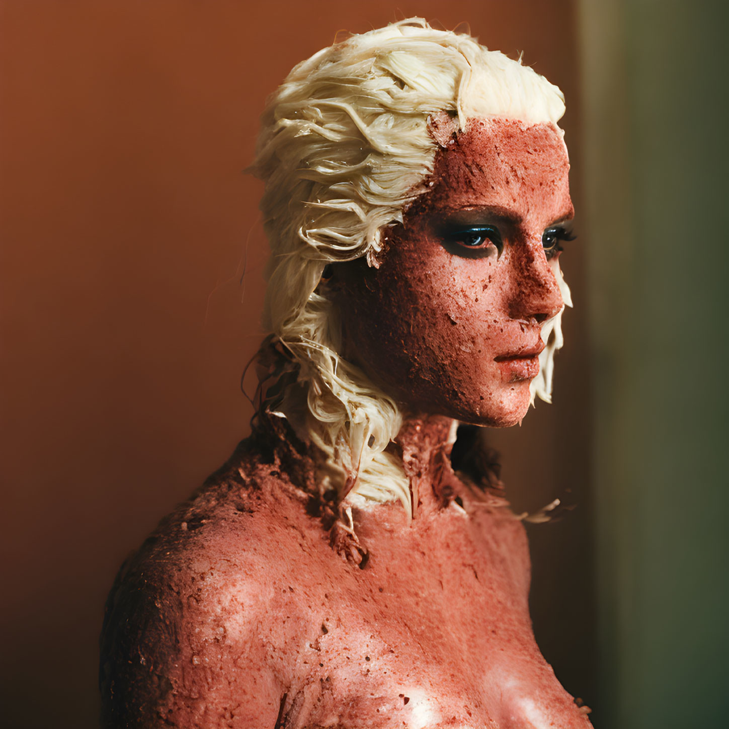 Striking Blonde Hair and Clay-Covered Skin on Warm Background