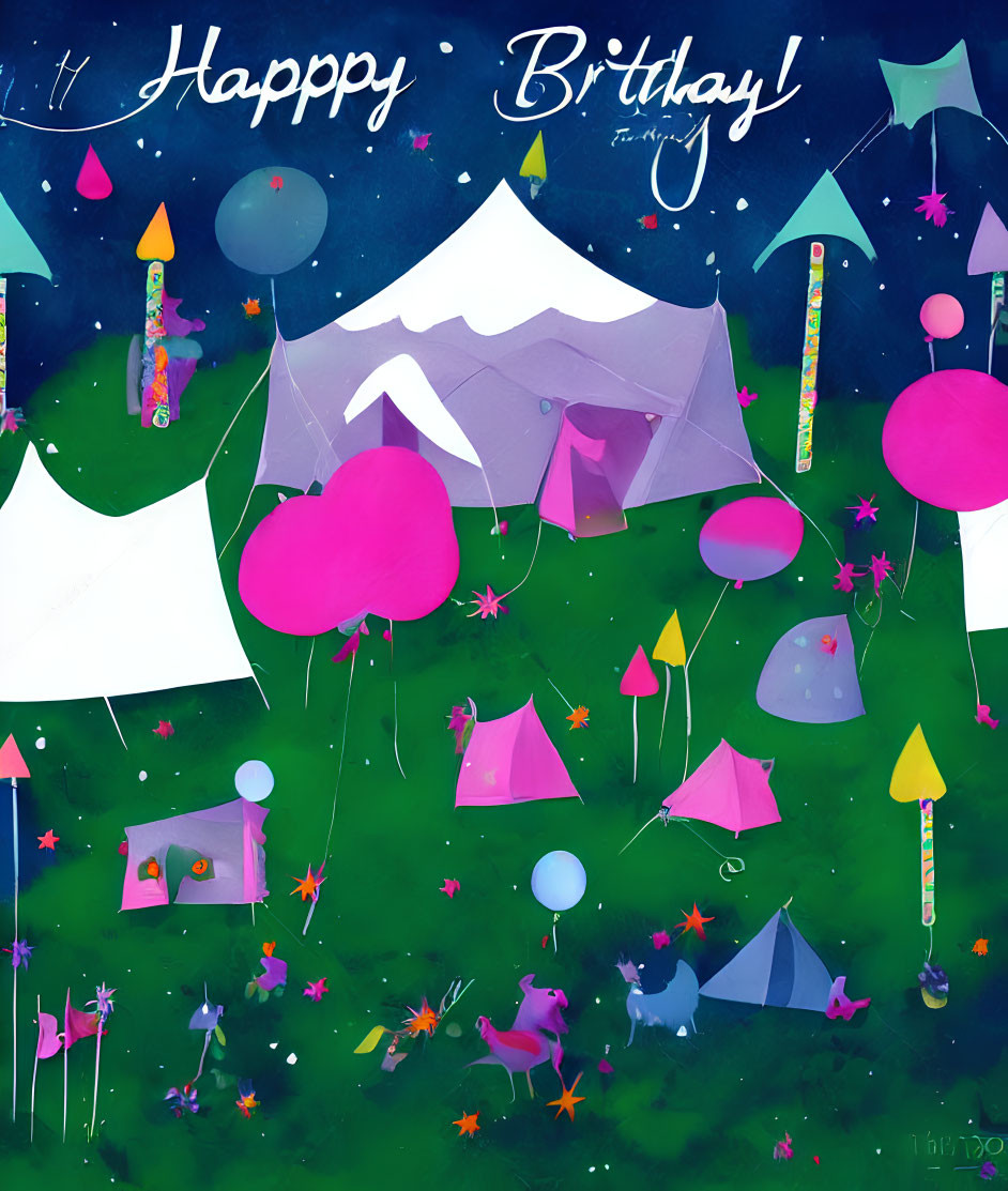 Vibrant nighttime birthday scene with tents, balloons, and starlit backdrop
