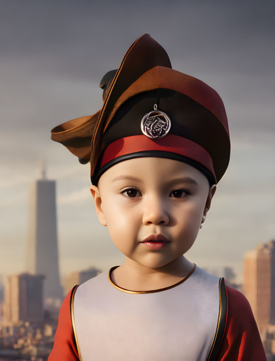 Young child in uniform cap gazes solemnly at camera with blurred city skyline.