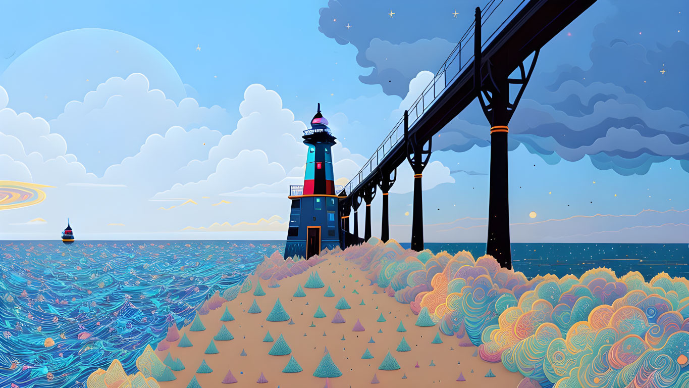 Stylized lighthouse and bridge on beach with two-tone sky