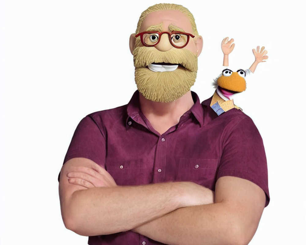 Blond Bearded Man in Purple Shirt with Muppet Character