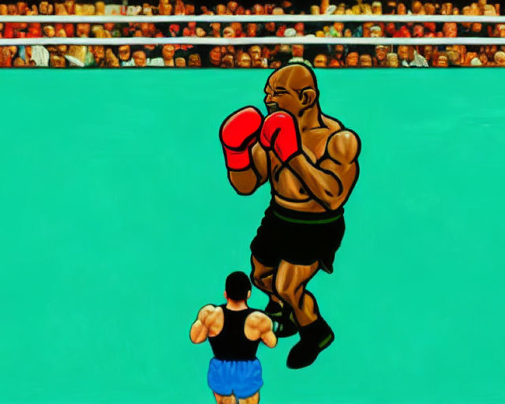 Stylized boxers in ring with crowd: one in blue shorts, one in black