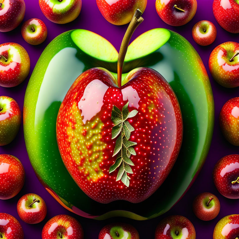 Digitally altered image: Large heart-shaped red apple surrounded by smaller apples on purple background