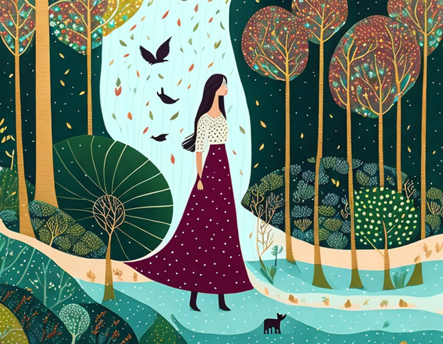 Illustration of woman in vibrant whimsical forest with colorful trees, leaves, and wildlife