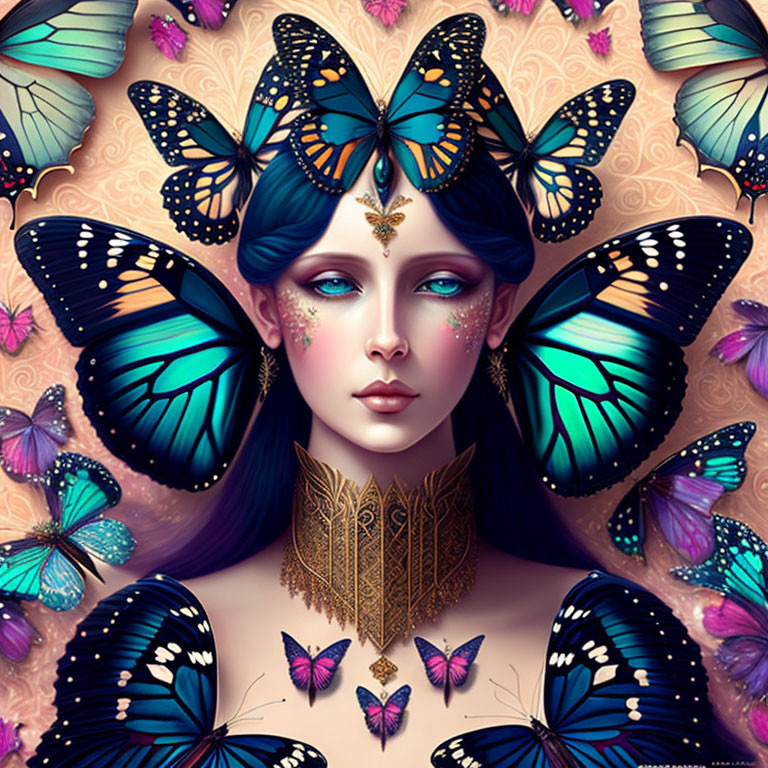 Fantasy illustration of woman with blue butterfly wings and ornate gold jewelry