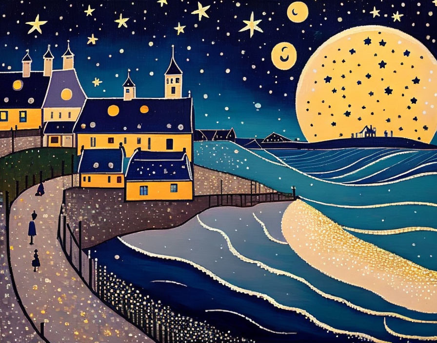 A starry night over the seashore old town