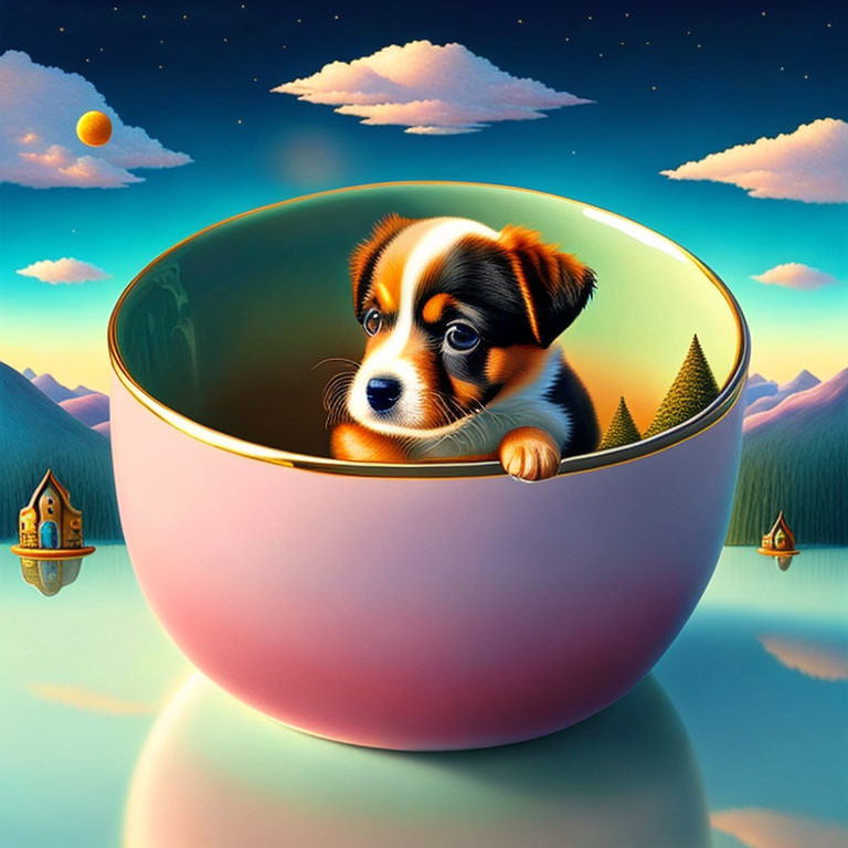 Puppy in Pink Bowl on Water with Surreal Landscape