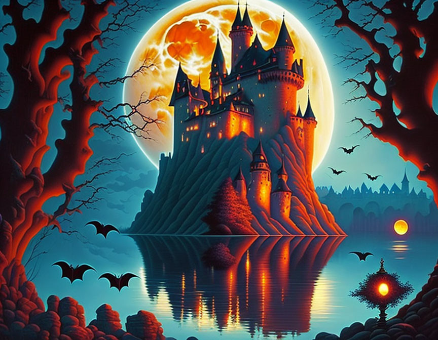 Fantastical castle on island under full moon with bats and bare trees.