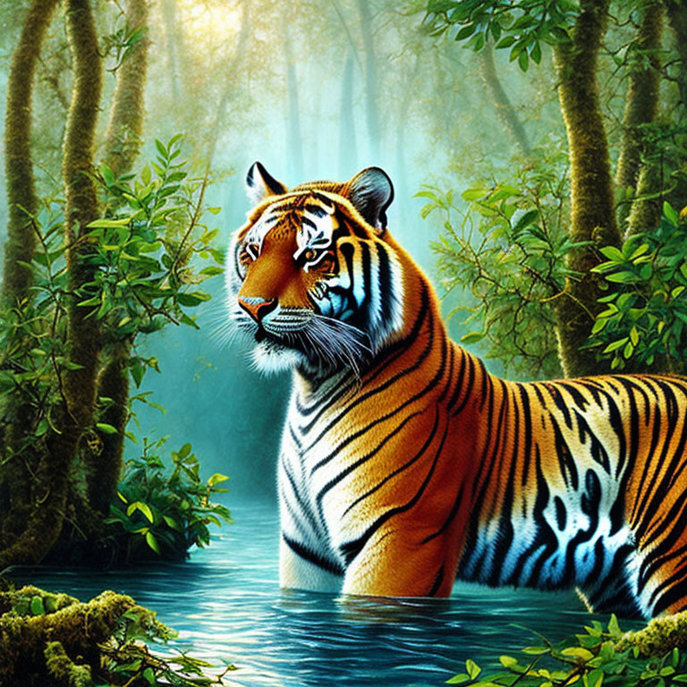 Majestic tiger with vibrant orange and black stripes in lush forest setting