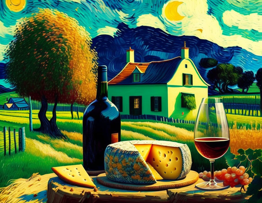 Bucolic idyll with cheese and wine