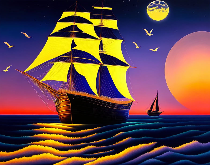 Golden-sailed tall ship on wavy seas at sunset with moon, stars, seagulls,