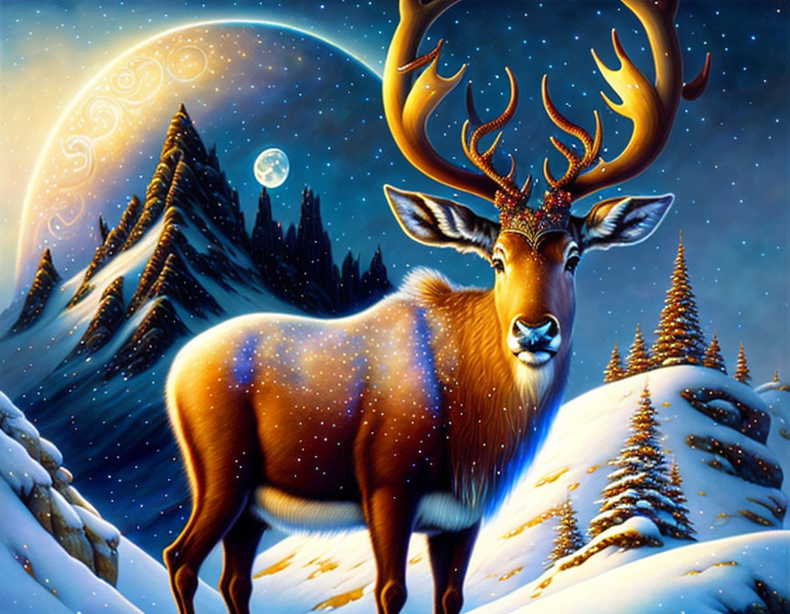 A reindeer in snowy mountains