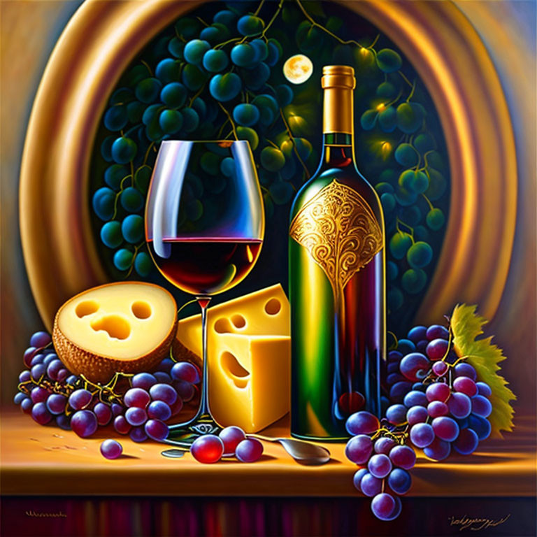 Colorful Still Life Painting: Wine Glass, Bottle, Cheese, Grapes on Moonlit Background