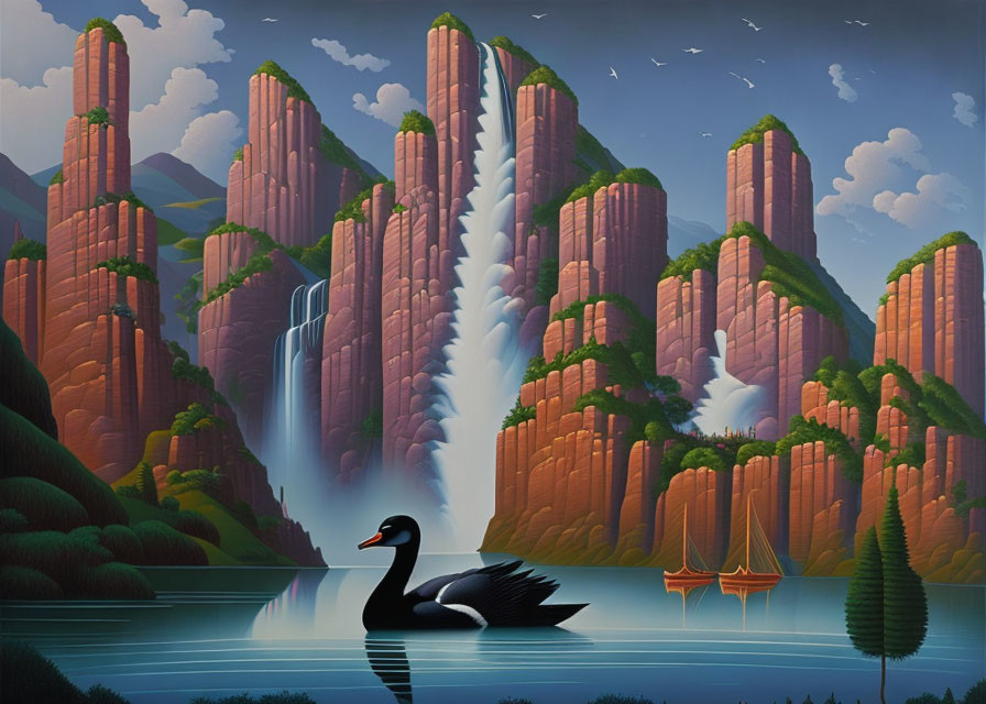 Artwork of black swan in serene lake with waterfalls, greenery, cliffs, and flying