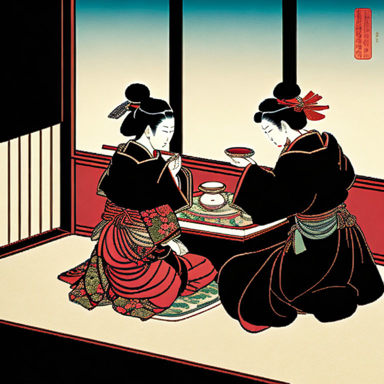 Traditional Japanese tea ceremony with two women in minimalistic attire on tatami mats