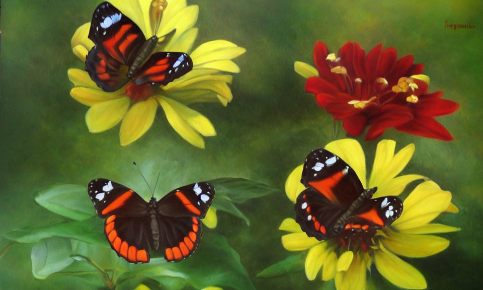 Colorful Butterflies on Flowers Against Green Background