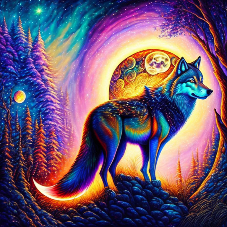 Colorful Wolf in Mystical Forest with Celestial Sky