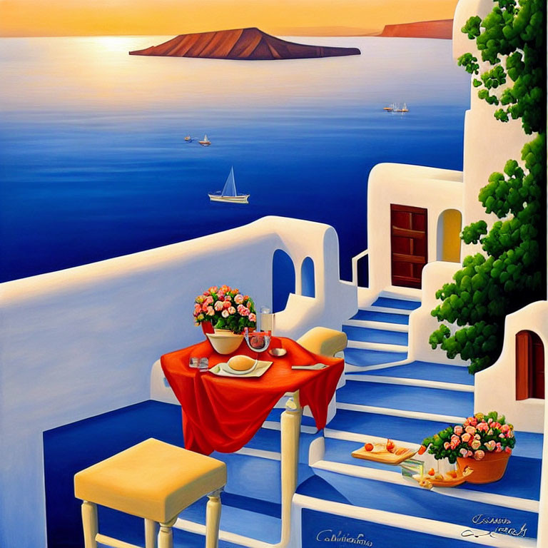 Scenic balcony view of calm blue sea and set table among white-washed buildings