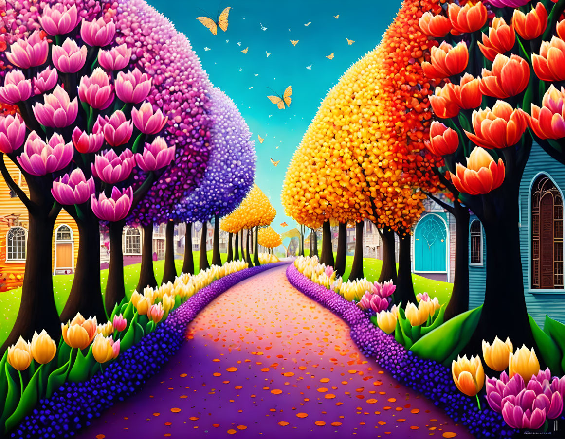 Colorful Tulip Trees and Butterflies Along Vibrant Pathway