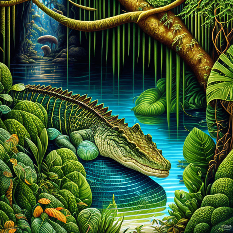 Detailed painting of a colorful crocodile in lush tropical setting
