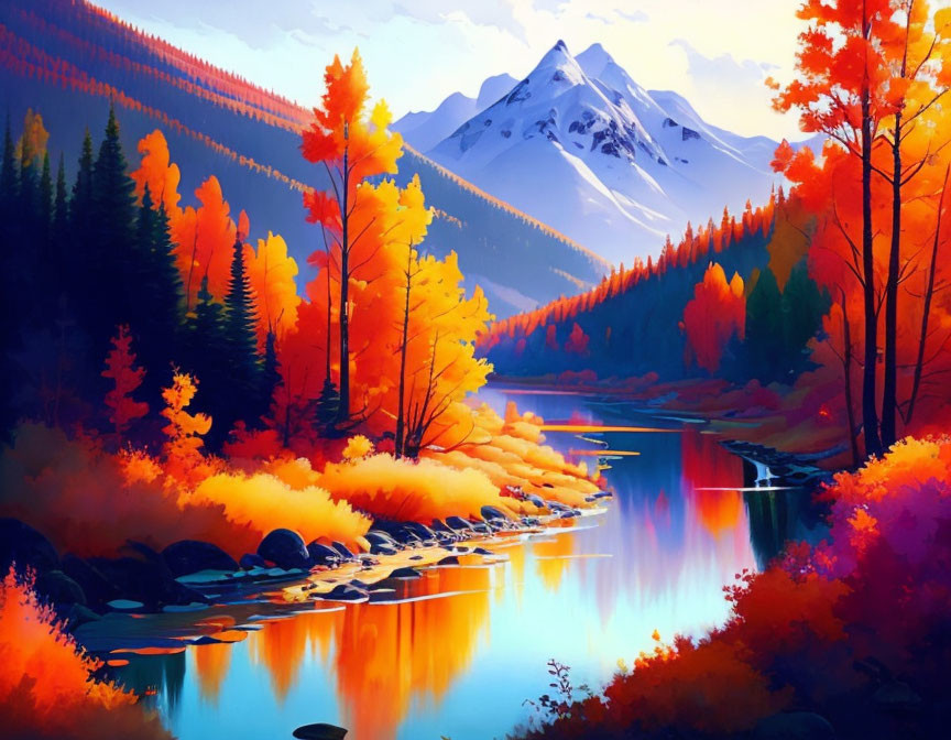 Colorful Autumn Landscape with River, Hills, and Mountain