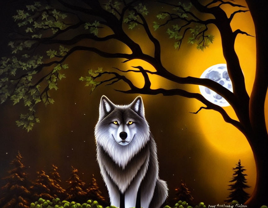 Illustration of grey wolf under full moon with silhouetted trees