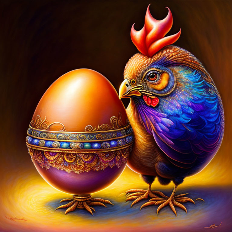 Colorful Rooster Painting with Elaborate Feathers and Ornate Egg
