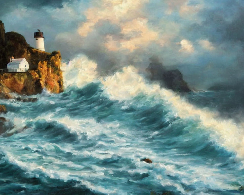 Stormy Sea Painting: Waves Crashing on Cliffs, Lighthouse, House, Cloudy Sky