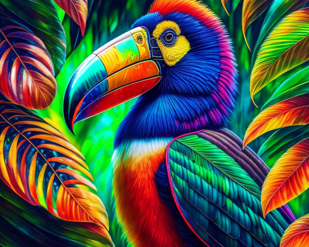 Colorful Toucan with Rainbow Beak in Tropical Setting