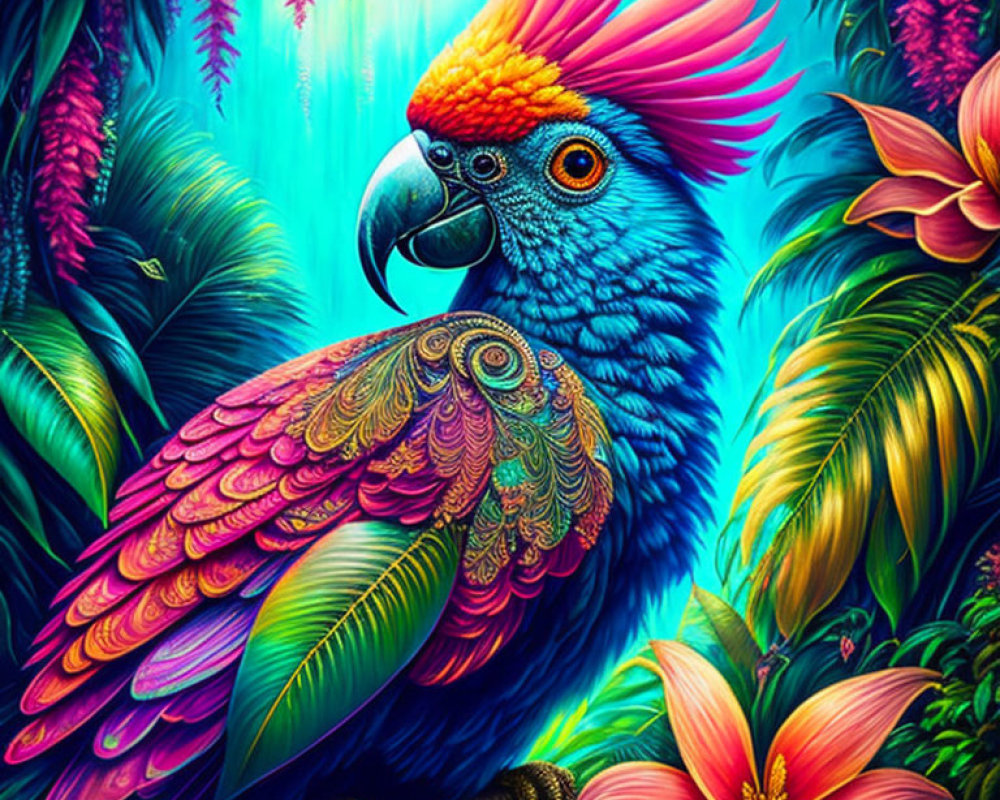 Colorful Blue Parrot Illustration Among Tropical Flora with Intricate Feather Details