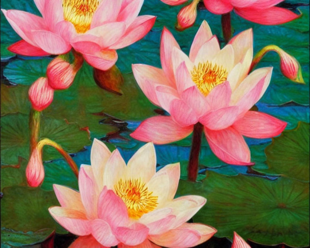 Pink Lotus Flowers Painting with Yellow Centers on Dark Water Background