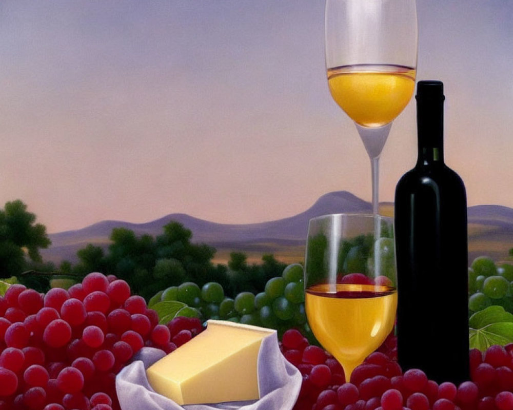 Classic Still Life Painting with Red Grapes, Cheese, Wine Bottle, and Glasses