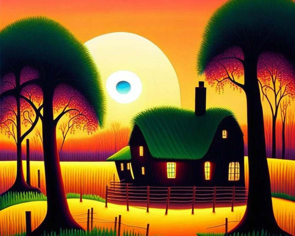 Colorful painting of cozy cottage at sunset among trees
