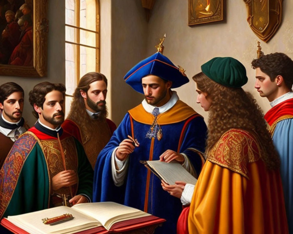 Renaissance scholars in ornate room discuss open book