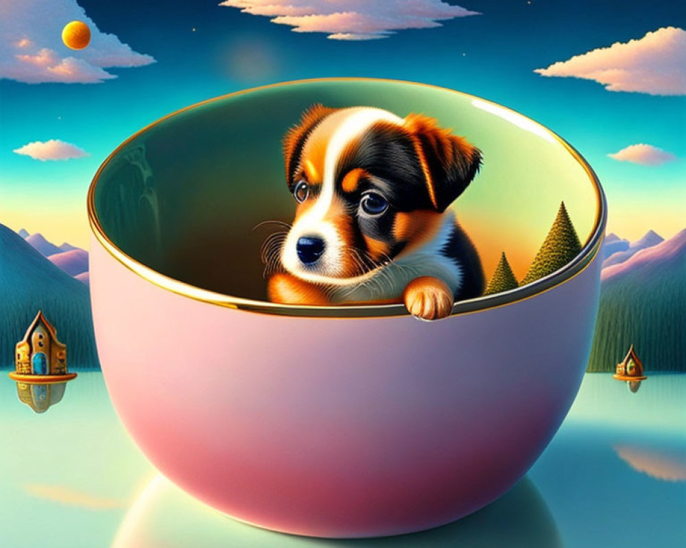 Puppy in Pink Bowl on Water with Surreal Landscape