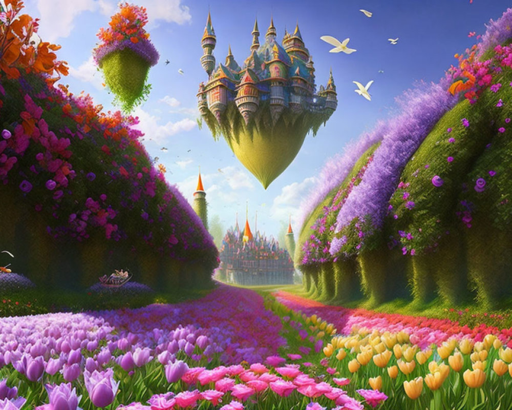 Colorful fantasy landscape with floating castle, tulips, green hills, and birds.