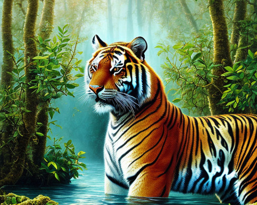 Majestic tiger with vibrant orange and black stripes in lush forest setting
