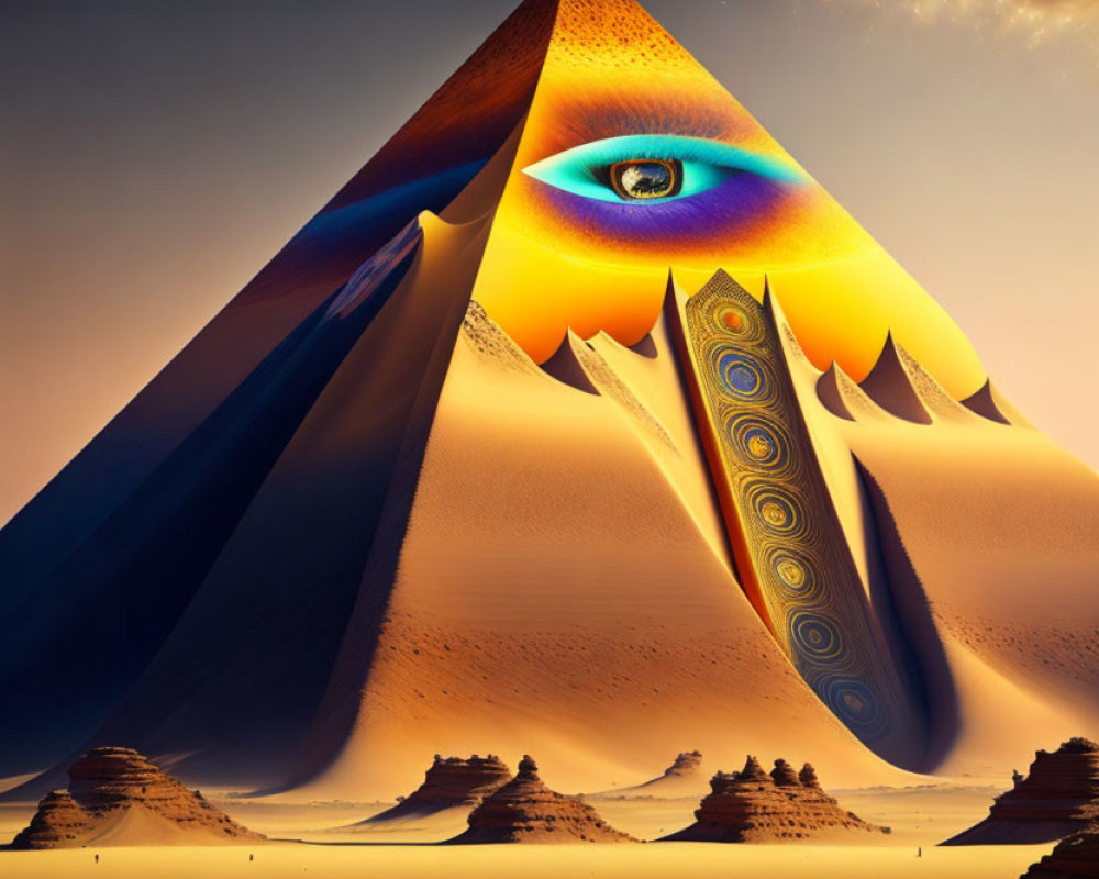Surreal desert landscape with eye pyramid under warm sky