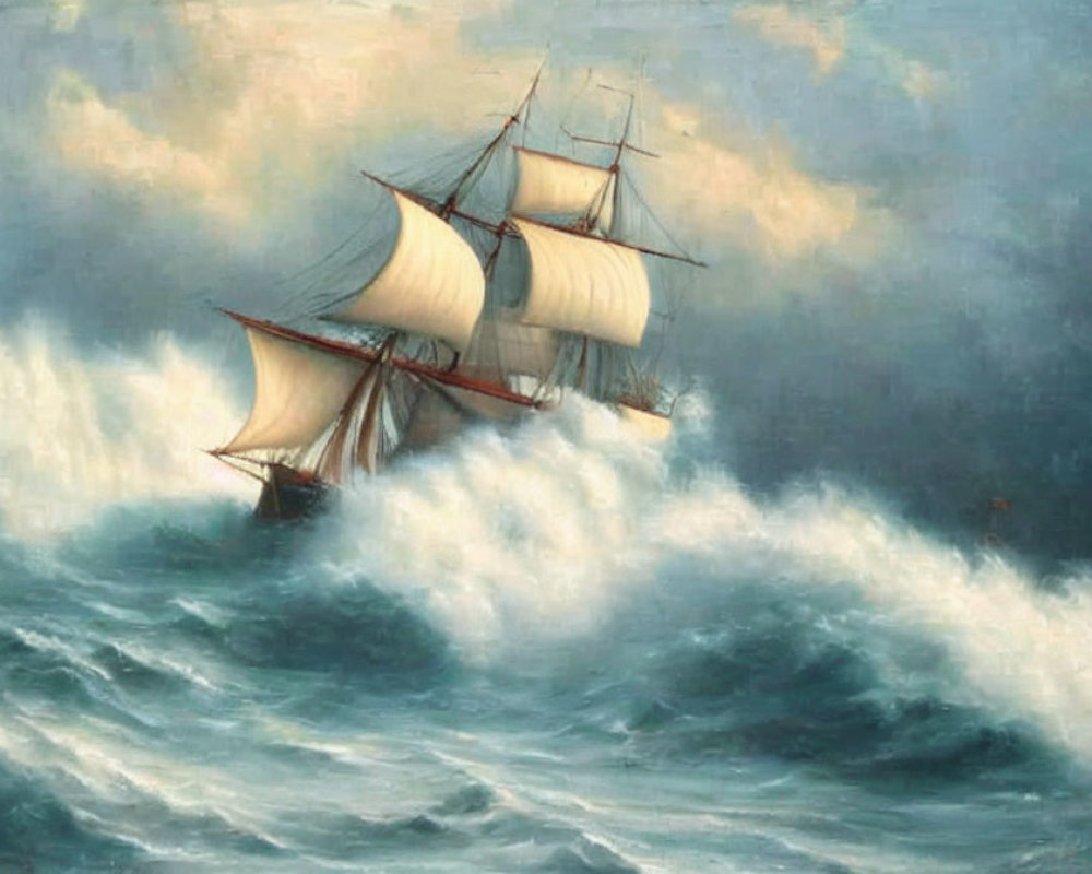 Majestic sailing ship on tumultuous sea under dramatic sky